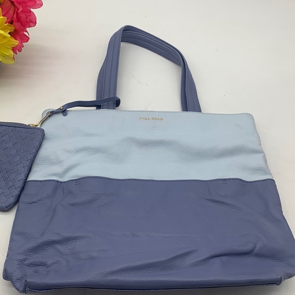 Cole Haan Light Blue Periwinkle Leather Tote Bag with leather pouch - Picture 2 of 14